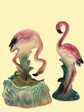 Genuine Antique Pink Ceramic Flamingo Planter and Figurine Set
